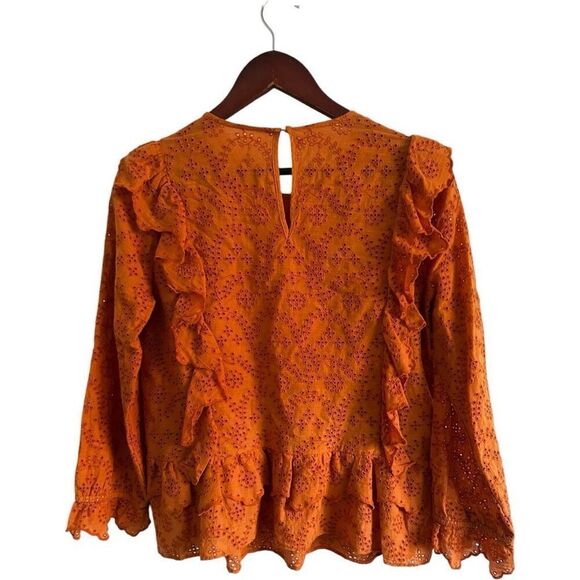 The GREAT. Eyelet Ruffle Flutter 3/4 Sleeve Top  Spice Orange Size 2 M Peasant - Picture 8 of 15